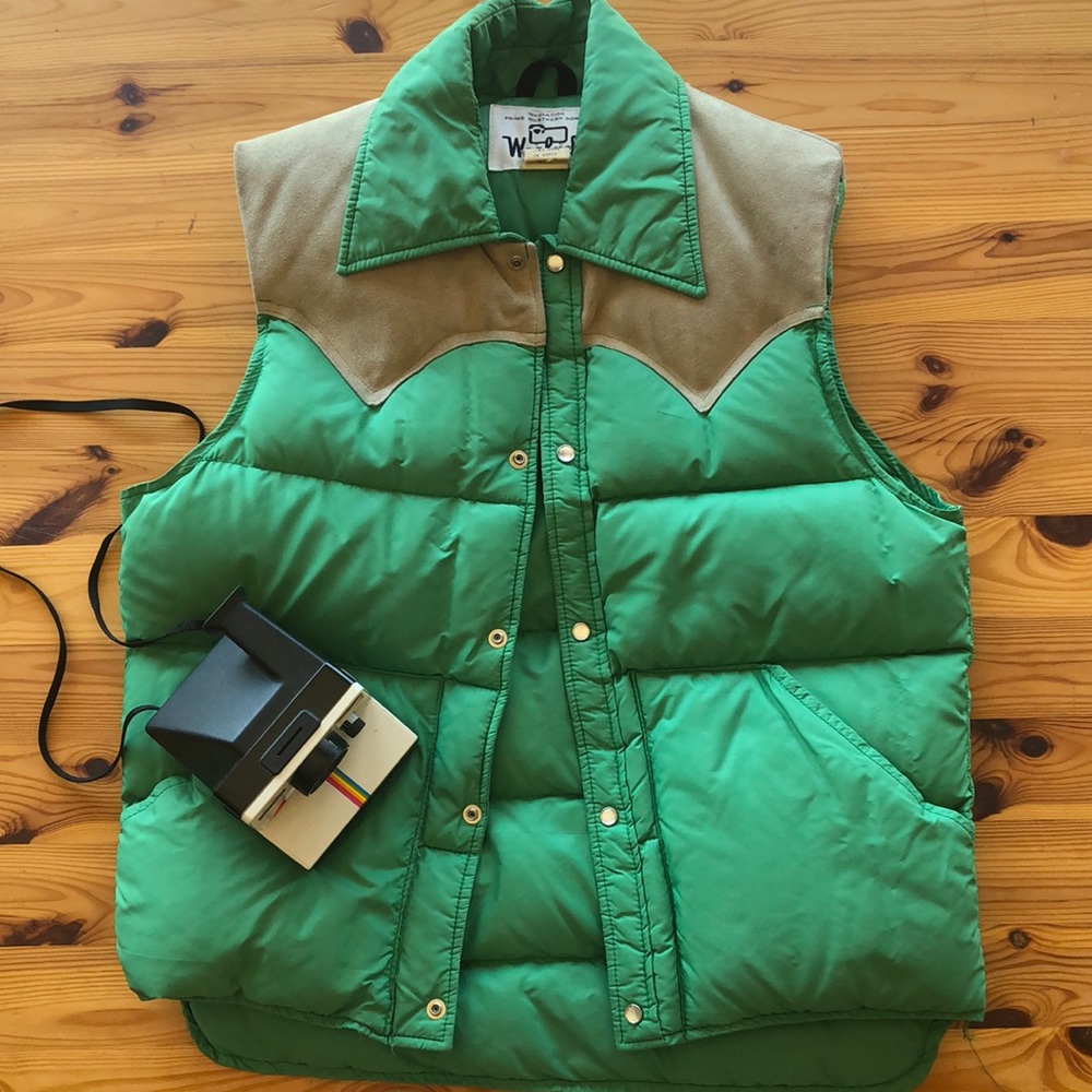Vintage teal and gray suede down puffer vest
